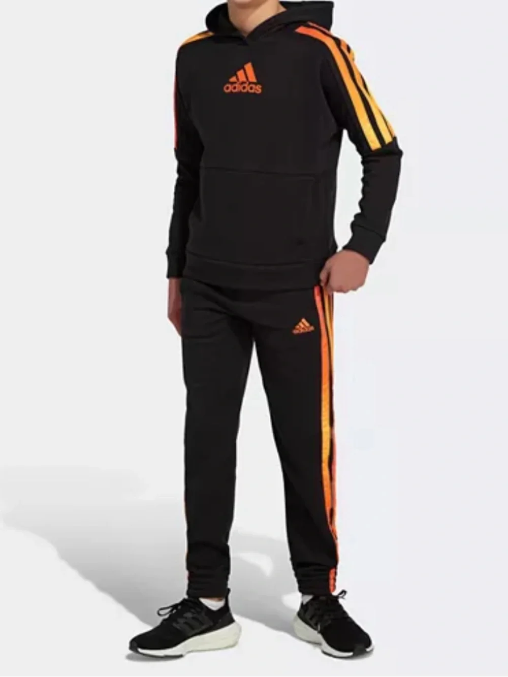adidas Boys Black Jogger/Hoodie Set with Orange Accent Stripes